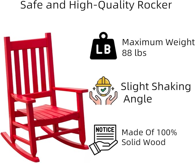 Kid Rocking Chair ChildToddler Small Baby Wooden Comfy Rocker Chairs Furniture for Nursery Bedroom Livingroom Outdoor Reading Room, Ages 6-10, Red