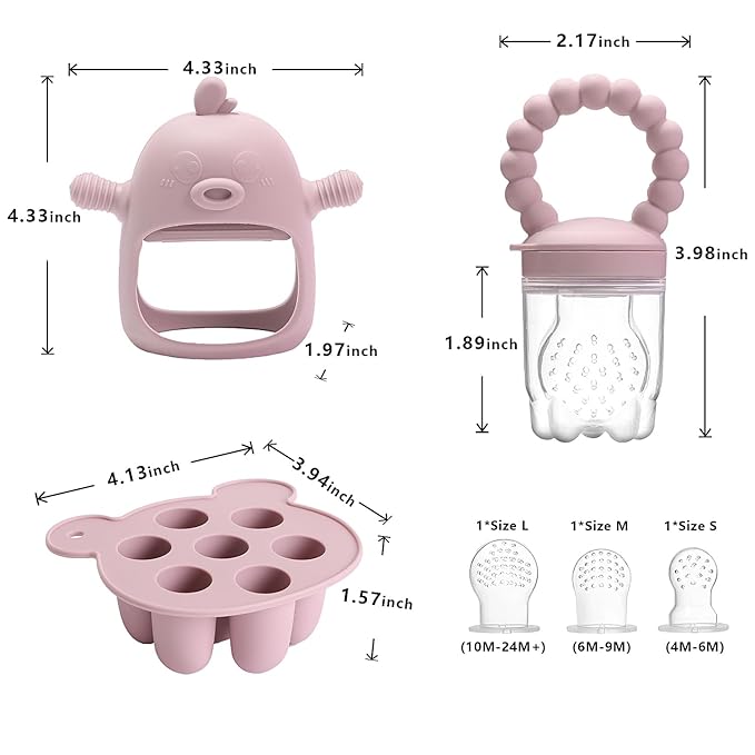 Baby Fruit Feeder Pacifier - 3 Pack | 1 Baby Food Feeder & 1 Baby Teether & 1 Baby Popsicle Molds | Breastmilk Popsicle molds | Baby Teething Toys | Baby Fruit Food Feeder Pacifier Babies (Blush)