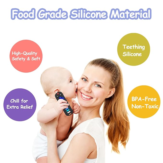 Baby Teething Toys, Food Grade Silicone Teether for Babies 3 6 12 18 Months, TV Remote Shape Toddlers Chew Toys, Freezer BPA Free (Black+Red)