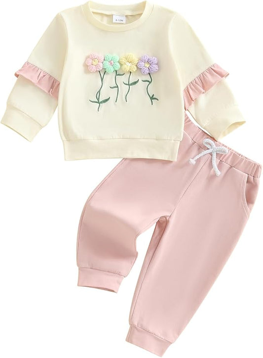 Madjtlqy Toddler Baby Girl Fall Winter Outfit Clothes Flowers Crochet Embroidery Long Sleeve Sweatshirt Tops and Pants Set