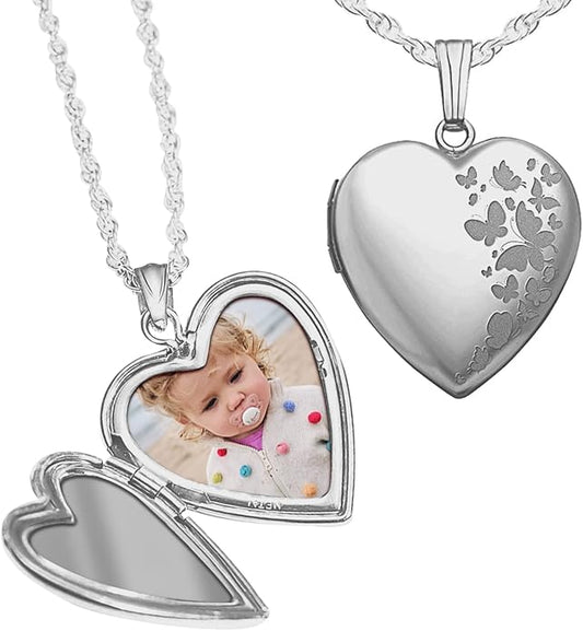 PicturesOnGold.com Personalized Heart Shaped Butterflies Photo Locket Necklace - 3/4 inch x 3/4 inch - Includes 18 inch Chain - Custom Engraved Picture Locket Necklace for Women