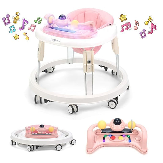 Baby Walker with Wheels,Music and Lights Baby Walker for Boys Girls 6-12 Months,Foldable Baby Walkers and Activity Center,Toddler Infant Walker with 7-Speed Height Adjustment,Detachable Plate,Pink