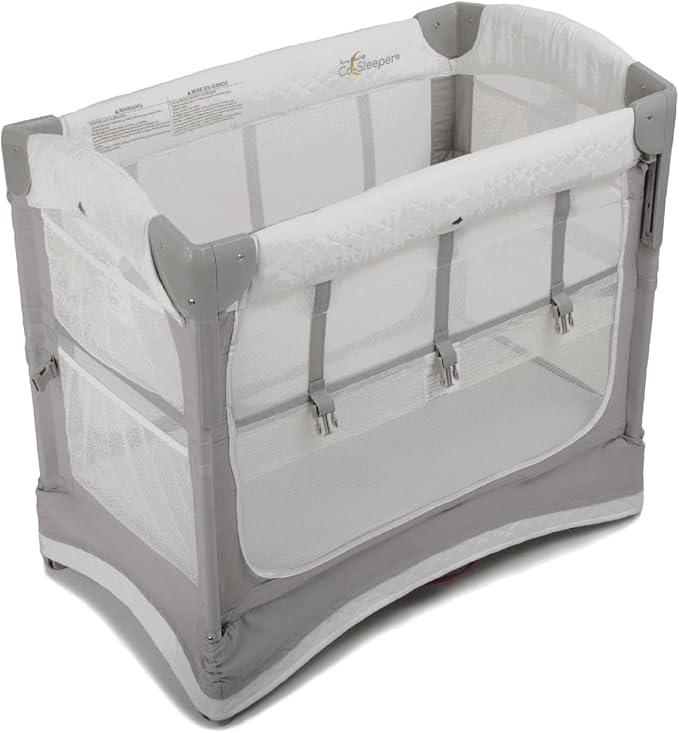 Arm’s Reach Mini Ezee 3 in 1 Co-Sleeper Folding Bedside Bassinet and Play Yard Featuring Breathable Mesh Sides with Side Pockets for Storage and 4-Inch Sleeping Nest Height