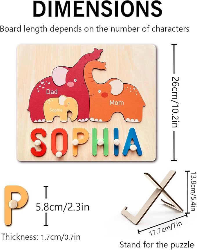 Name Puzzles for Toddlers 1-3, Personalized Name Puzzle with Elephant Family Wooden Puzzle for Toddlers 1-3, First Birthday Gifts for Boys Girls, Personalized Gifts for Mom Dad Kids, Baby Learning Toy