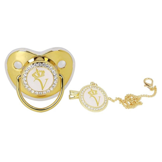 Personalized Golden Letter Baby Pacifier with Bling Design, Clips, Anti-Dust Cover for Newborn Photography