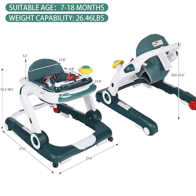 Kinder King Baby Walker with Music & Lights, 5 in 1 Baby Bouncer Activity Walker, Adjustable Height & Seat, Learning-Seated & Toddler Walk-Behind, Safety Bumper, Infant Walker Anti-Rollover, Green
