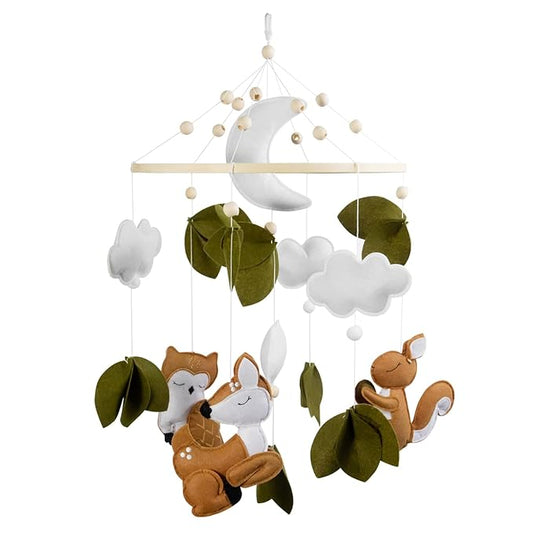 FEISIKE Baby Mobile for Cirb, Woodland Animals Theme Bassinet Baby Nursery Mobiles for Boys and Girls, Squirrel Crib Mobile Hanger for Infant Bedroom Hanging Decoration
