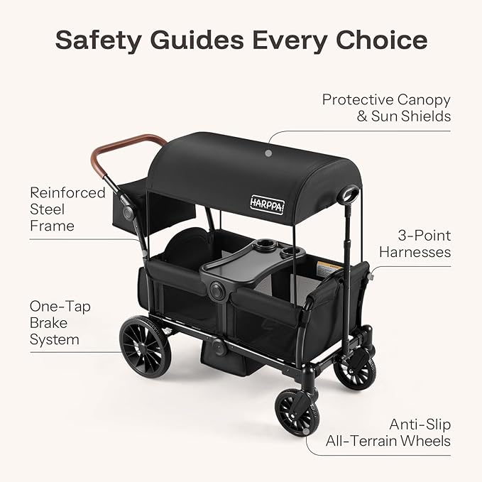 HARPPA All-Terrain Wagon Stroller for 2 Kids, Foldable Outdoor & Beach Stroller Wagon with Removable Canopy, Adjustable Push & Pull Handle, Footwell & Large Storage, Black