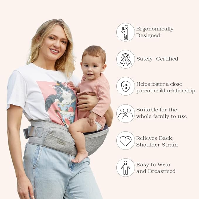 Baby Carrier with Adjustable Strap and Pocket, Ergonomic Hip Holder for Newborns & Toddlers (Light Grey)
