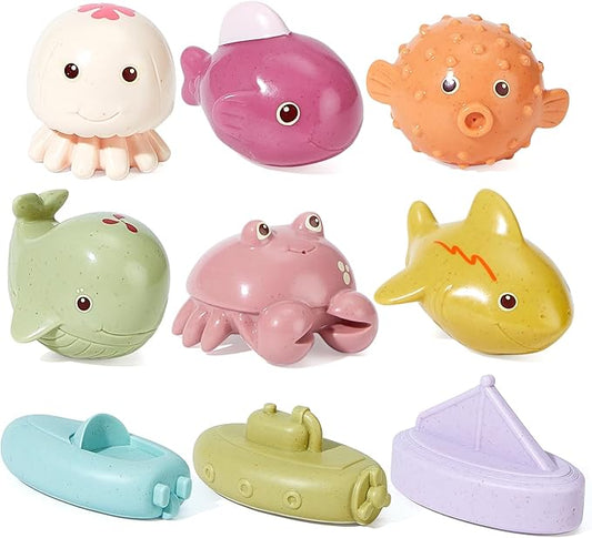 Bath Toys, 9 Pack | Sealed, No Hole & Mold Free Bath Toys Design | Soft, Squeezable & Float on Water | Safe & Non-Toxic Easy-Grip Baby & Toddler Bath Toy Set | Baby Pool Toys