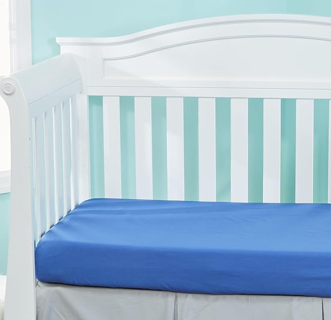 EVERYDAY KIDS 2 Pack Fitted Boys Crib Sheet, 100% Soft Breathable Cotton Baby Sheet, Fits Standard Size Crib Mattress 28in x 52in, Nursery Sheet with Giraffe, Elephants Sports Theme and Solid Blue