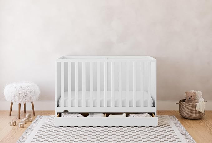 Graco Theo Convertible Crib with Storage Drawer (White) – GREENGUARD Gold Certified with Drawer, Converts to Toddler Bed, Fits Standard Crib Mattress
