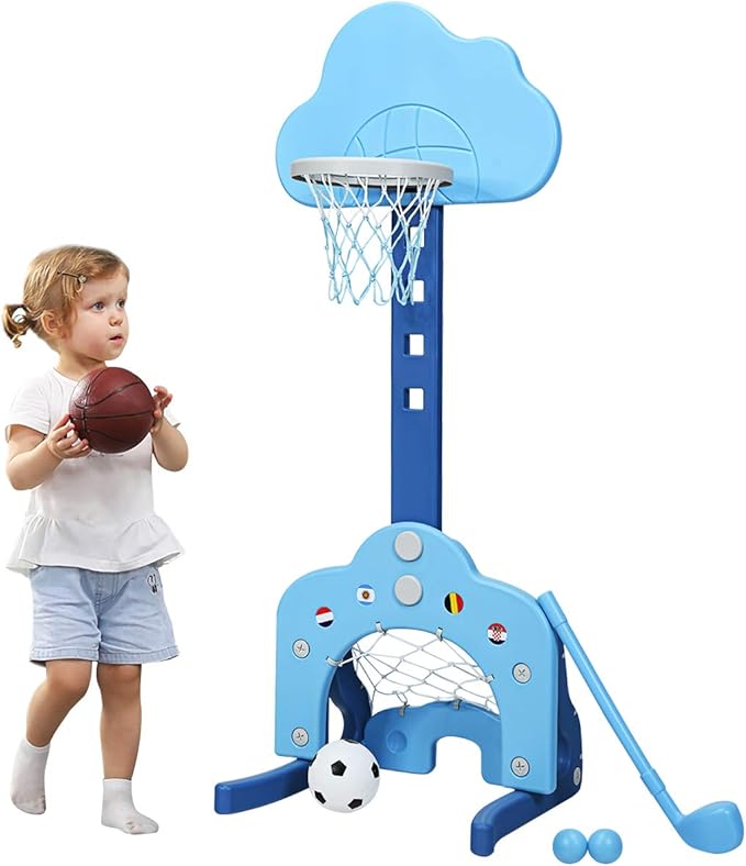 Costzon Kids Basketball Hoop, Toddler Sports Activity Center w/ 5 Adjustable Height Levels, Basketball Soccer Golf Game Set, Indoor Outdoor Basketball Hoop Set Gift for Baby Infant