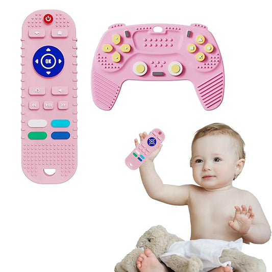 2-Pack Baby Teether Toys Silicone Toddler Sensory Toy Chew Toys Educational, TV Remote Control Shape Teething Toys for Babies 6-18 Months (Pink)