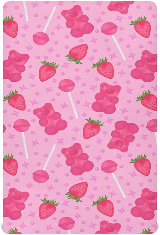 Baby Crib Sheets Lollipop Jelly and Strawberry Crib Sheets for Boys Girls,Neutral Bassinet Toddler Bed Play Sheets Breathable Soft and Portable 52 * 28 * 9in