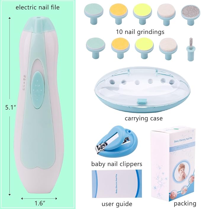 Baby Nail Trimmer Electric Nail File Baby Nail Clippers, Safe Nail Filer Grinder Kit for Newborn Infant Toddler Kids or Adults Toes Fingernails Care Trim Polish, with Led Light and 10 Grinding Heads