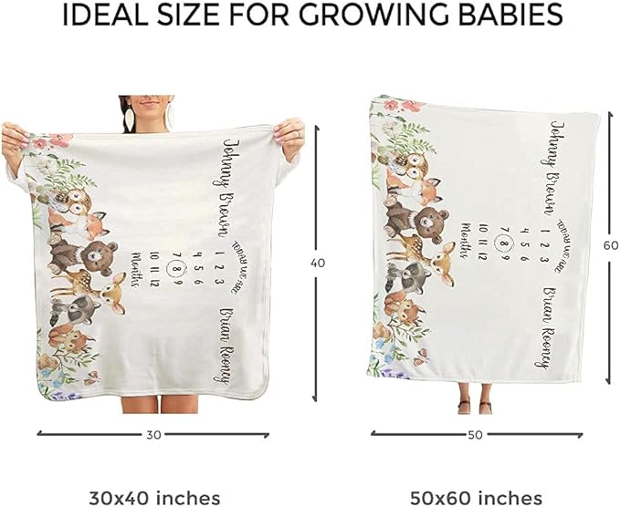 MDPrints Personalized Twin Milestone Blanket, Custom Monthly Baby Blankets with Name for Boys and Girls, 30x40 & 50x60inch Soft Plush Fleece (Brown)
