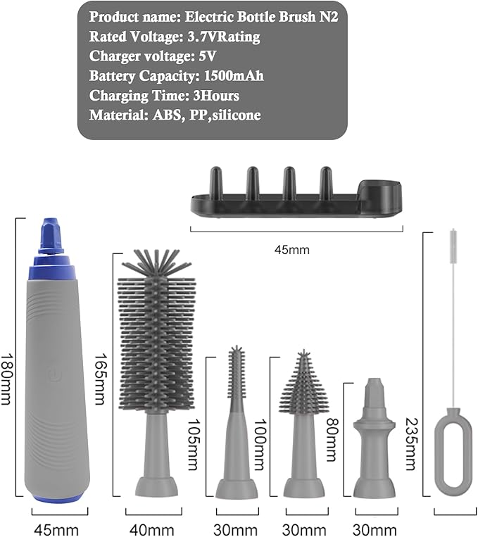 Electric Bottle Brush with Stand and Extendable Handle, Silicone Bottle Brush Set, Easy-Grip Silicone Handle, Waterproof/Rechargeable, Grey