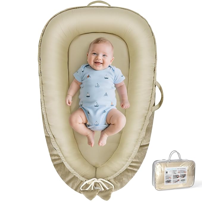 Baby Lounger - Baby Lounger for Newborn 0-24 Months, Breathable and Soft Cotton and Velvet Cover Baby Nest, Portable Cozy Infant Lounger for Home and Travel, Ideal Baby Essentials & Shower Gifts