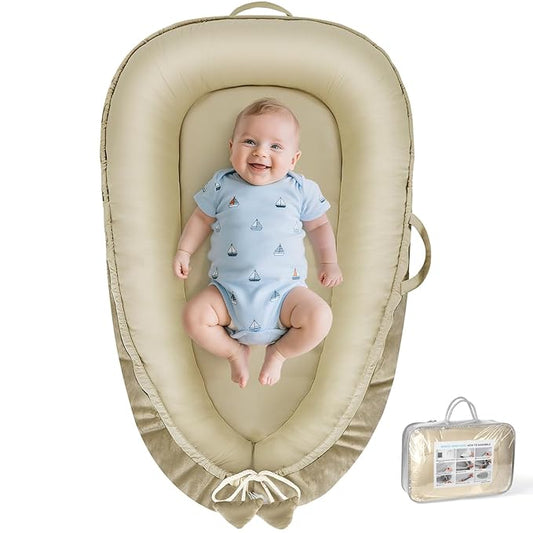 Baby Lounger - Baby Lounger for Newborn 0-24 Months, Breathable and Soft Cotton and Velvet Cover Baby Nest, Portable Cozy Infant Lounger for Home and Travel, Ideal Baby Essentials & Shower Gifts