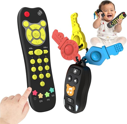 Baby Toy Car Keys Baby Remote Control Toy Set, Toddlers Pretend Toy Key Teether and TV Remote with Sounds Lights Interactive Musical Sensory Learning Toys Gifts for Boys Girls Infant Age 6+ Months