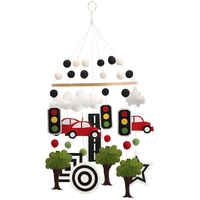 High Contrast Mobile - Black and White Crib Mobile for Development with red Cars, Green Trees and Black and White Patterns