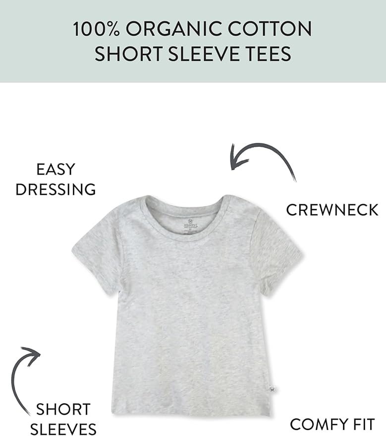 HonestBaby 10-Pack Short Sleeve T-shirts 100% Organic Cotton Baby, Toddler, Little Kids, Boys, Girls, Unisex