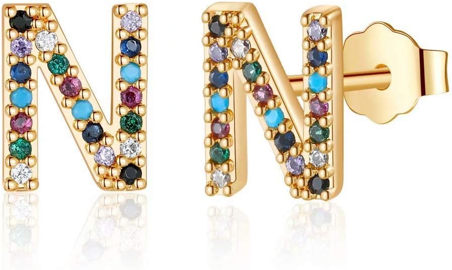 Memorjew Initial Stud Earrings for Women, Hypoallergenic 925 Sterling Silver Post Rainbow Cubic Zirconia Gold Plated 26 Initial Earrings for Women Jewelry Gifts