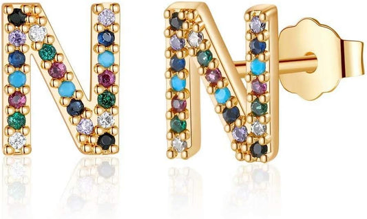 Memorjew Initial Stud Earrings for Women, Hypoallergenic 925 Sterling Silver Post Rainbow Cubic Zirconia Gold Plated 26 Initial Earrings for Women Jewelry Gifts