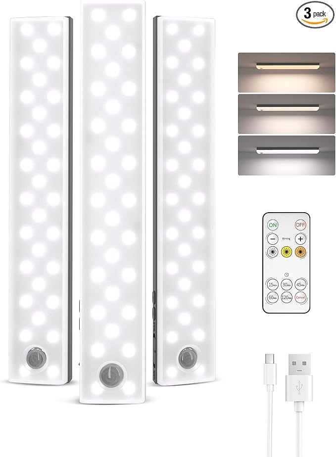 EZVALO 62 LEDs Under Cabinet Lighting, 2000mAh LED Closet Lights with Remote 3 Color Temps, Rechargeable Motion Sensor Lights Indoor Battery Operated, Wireless Under Counter Lights for Kitchen 3 Pack