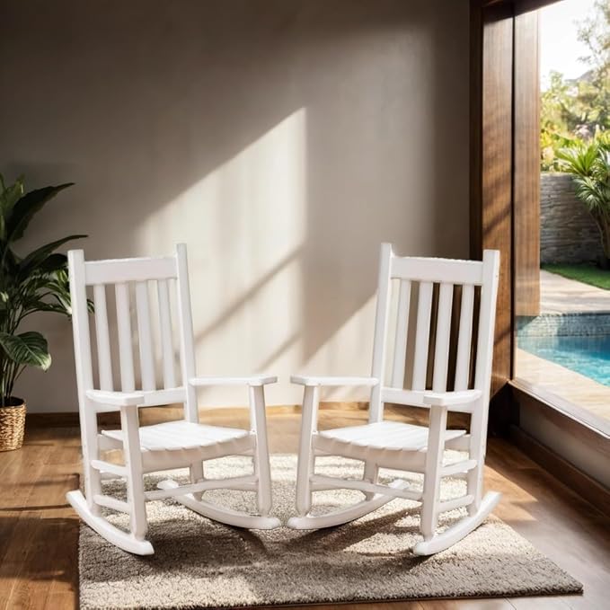 Kid Rocking Chair Set of 2 Child Toddler Small Baby Wooden Comfy Rocker Chairs Furniture for Nursery Bedroom Livingroom Outdoor Reading Room, Ages 6-10, White