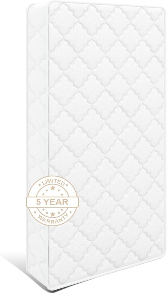5" Crib & Toddler Mattress, 52x27.5 Breathable Knitted Fabric Cover, CertiPUR-US Certified Foam, Edge Reinforcement, Fits Standard Size Crib and Toddler Bed, Pure White