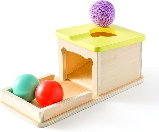 IEATFO Object Permanence Box with Tray Three Colored Balls (2 Wood+1 Knit) - Montessori Wooden Ball Drop Toy with Slide and Bear Shape - Fine Motor Skills Development Toy Age 1-3