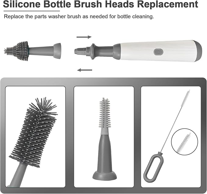Electric Bottle Brush Set, 360°Automatic Bottle Brush Cleaner with 3 Sizes Replaceable Silicone Bottle Brush and Extension Handle for Long Bottles，Straw Cleaner Brush,IPX65& Rechargeable(Grey)