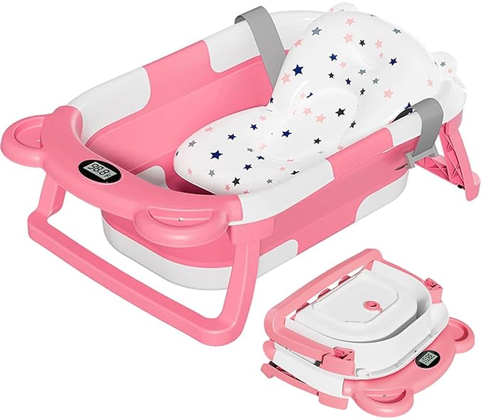 TPN Collapsible Baby Bathtub, Baby Bath Tub with Soft Cushion & Real-Time Thermometer, Baby Bathtub Infant to Toddler Tub (0-36 Months), Portable Newborn Travel Bath tub