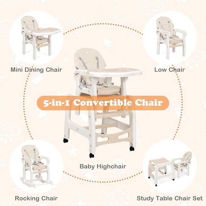 INFANS 5 in 1 Baby High Chair, Convertible Toddler Table Chair Set, Rocking Chair, Multi-Function Seat with Lockable Universal Wheels, Adjustable Seat Back, Removable Trays