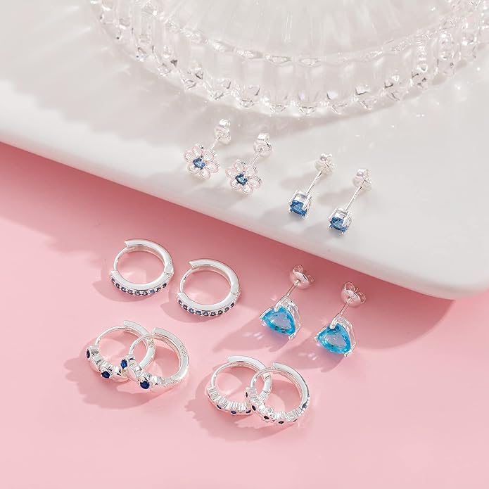 6 Pairs Huggie Hoop Earrings 925 Sterling Silver Stud Sets Cute Heart Hoops Tiny Cubic Zirconia Flower Stud Small Hypoallergenic Cartilage Sleeper Earrings