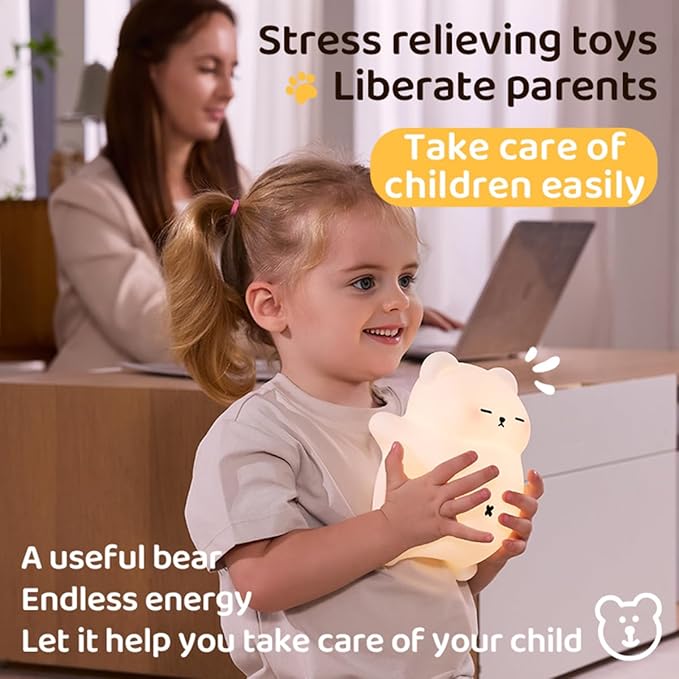 Sleeping Snoring Bear Night Light Nursery lamp for Kids,3-Level Dimmable,30Min Auto-Off Timer,Rechargeable Type-C, BPA-Free & Food-Grade Silicone for Kid Room Bedroom Decor Kids Gift