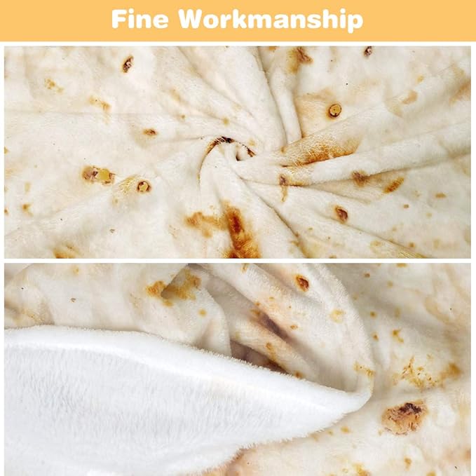 Burrito Tortilla Throw Blanket, 2.0 Double Sided Burritos Taco Tortilla Wrap Blankets for Adults Kids, Giant Funny Realistic Food Blankets, Soft Flannel Round Throw Blanket 80in
