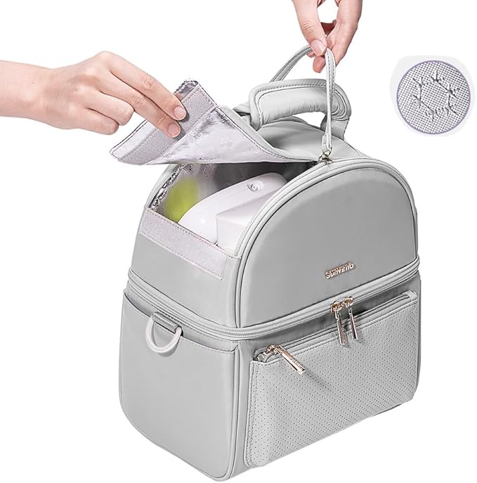 Sunveno Breastmilk Cooler Bag with 2 Ice Packs & Detachable EPP Insulation Box, 15-Hour Cold Retention Foil-Lined Leak-Proof Tote Fits 3 baby Bottles for On-The-Go Pumping Moms, Daycare & Travel,Grey