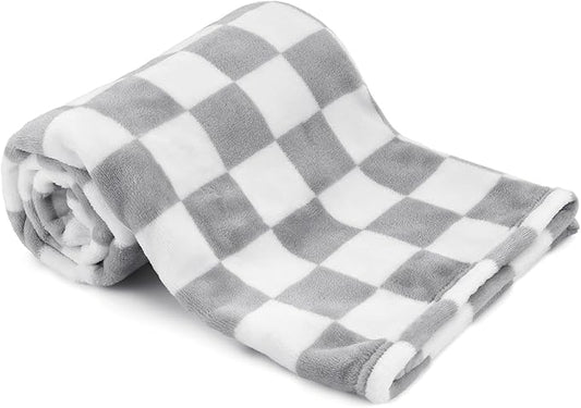 Plush Checkered Baby Blanket for Boys Girls Nursery, 30"*40" Warm Short Fleece Blanket Neutral for Infant Newborn, Small Fuzzy for Sleeping, Chenille or Stroller (Gray&White)