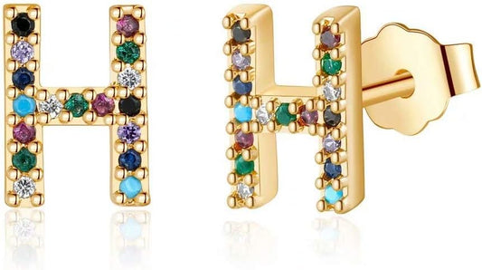 Memorjew Initial Stud Earrings for Women, Hypoallergenic 925 Sterling Silver Post Rainbow Cubic Zirconia Gold Plated 26 Initial Earrings for Women Jewelry Gifts