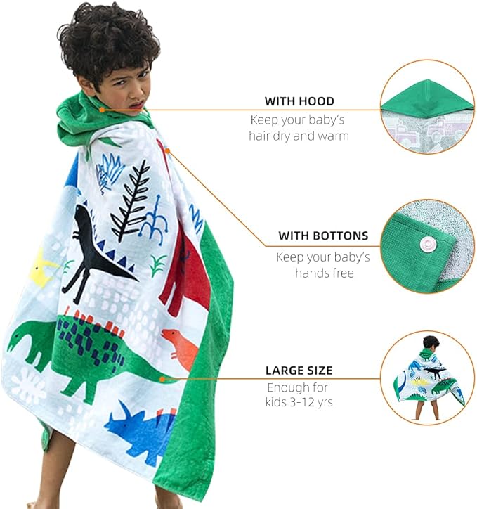 BANGSAUR Kids Hooded Bath Beach Towel, 100% Cotton 50"x30" Wrap, Toddlers Girls Boys 3-12 Years Coverup(Dinosaurs)