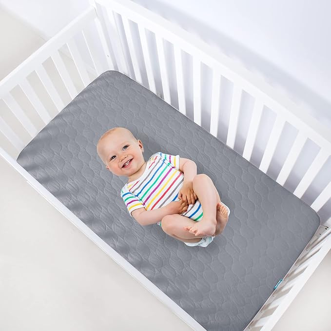 Crib Mattress Protector Sheets Waterproof 2 Pack, Quilted Crib Mattress Pad Cover Fitted Fits for Baby Toddler Bed Mattress, Grey, 52” x 28”