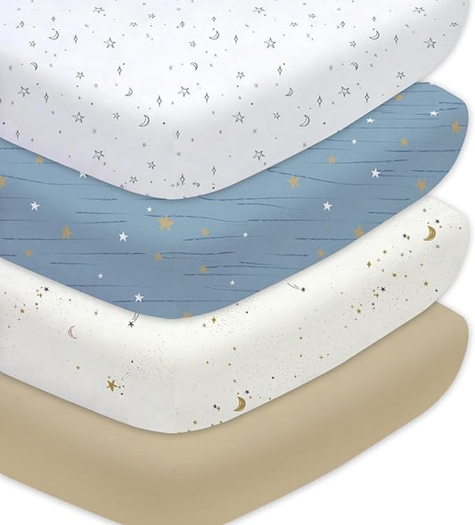 Little Grape Land Toddler Sheets 4 Pack – Baby Crib Sheets Fitted for Boys Girls, Standard Size 28x52‘’ Crib Mattress, Super Soft Breathable Washable Microfiber Starry Galaxy