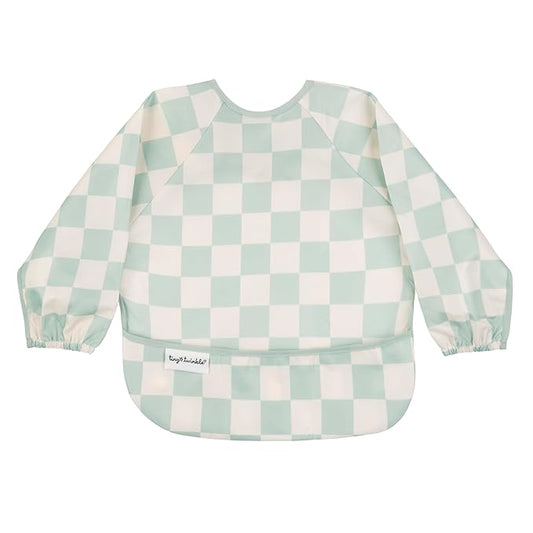 Tiny Twinkle Mess Proof Baby Bib,Waterproof Smock Baby Bib for Eating,Machine Washable Long Sleeve Bib,Baby Led Weaning,Toddler Bib (Checkers Sage, Large 2-4 Years)