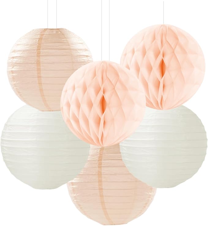 Pink Champagne-Beige Rose-Gold Boho Party-Decorations - 14Pcs Women Girls Birthday Streamers Lanterns Honeycomb Fan,Tissue Pom Poms,Fall Baby Bridal Shower Wedding Backdrop Classroom Decor Ouruola