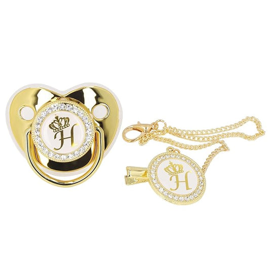 Golden Letter Baby Pacifier with Personalized Bling Design, Clips, Anti-Dust Cover for Newborn Photography, Birthday, Baby Shower