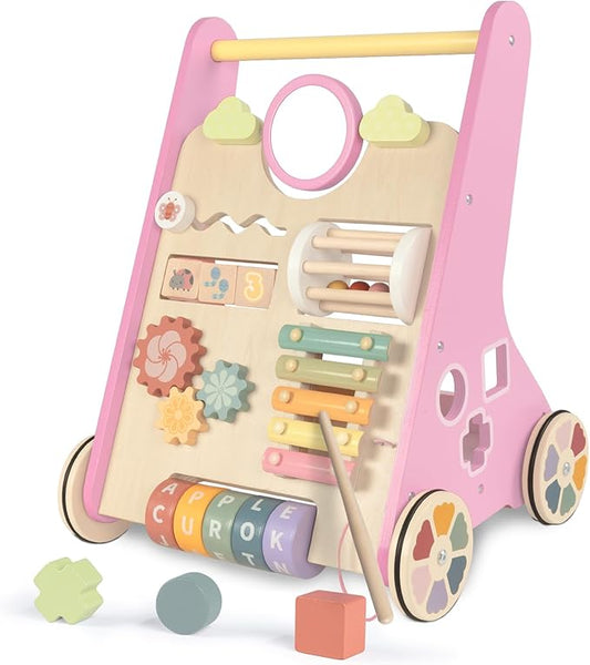 LOL-FUN Wooden Baby Walker With Wheels for Girls 12 Months - Pink Push Toy for 1 Year Old Walking