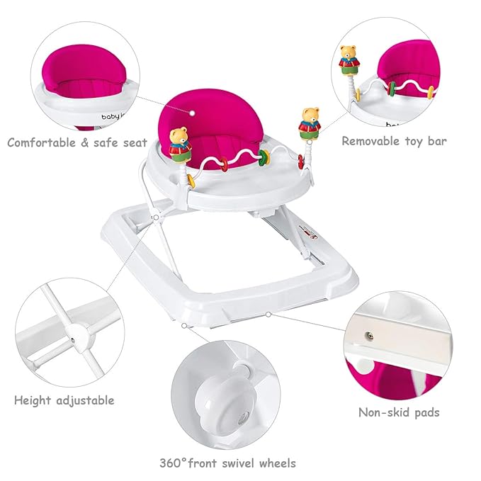 HONEY JOY Baby Walker, Foldable Push Walker Toy-Seated & Walk-Behind with Wheels, Interactive Piano & Pedants, Adjustable Height & & Speed, Padded Seat, Baby Walkers for Boys Girls(Pink)